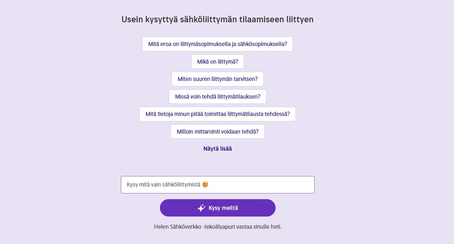 Tekoälyapuri ehdottaa kysymyksiä sähköliittymään liittyen.